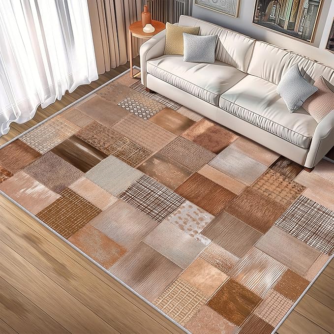Patchwork Rug, Washable 3x5 Rug for Living Room, Geometric Brown Patterned Indoor Carpet, Patchwork Decor for Home, Bedroom, Soft Non Slip Thin Design FER4