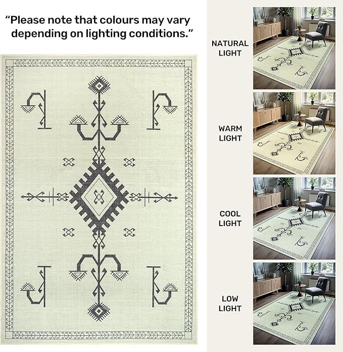 GLN Rugs Contemporary Collection - Machine Washable Area Rug, Contemporary Washable, Non Slip, Low Pile Chenille Rug, Living Room, Bedroom, Kitchen Rug (5' x 7' Cream/Anthracite)