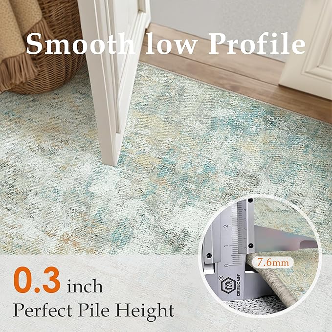 8x10 Washable Area Rug Teal Beige Abstract Living Room Bedroom Carpet Neutral Modern Non-Slip Soft Low Pile Lightweight Vacuumable Large Throw Rug for Dining Room