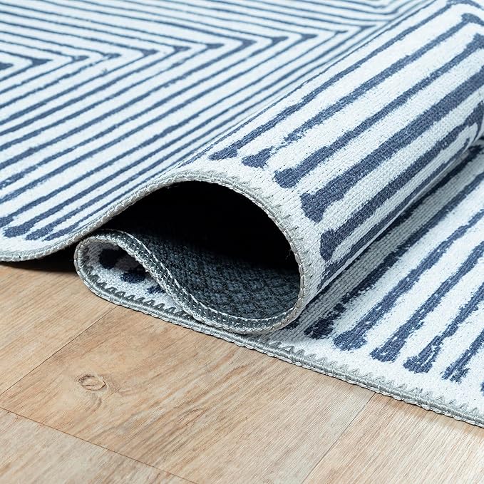 Bloom Rugs Washable Non-Slip 12 ft Runner - Blue/Ivory Striped Runner for Entryway, Hallway, Bathroom, and Kitchen - Exact Size: 2.5' x 12'