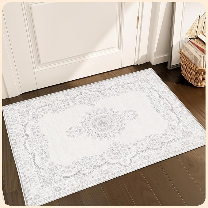 Istana Small Rug 2x3 - Grey/White Cream Rugs for Living Room - Foldable 2x3 Washable Rug Non Slip - Non-Shedding Area Rug Living Room - Anti-Slip Oriental Rugs w/Soft Microfiber