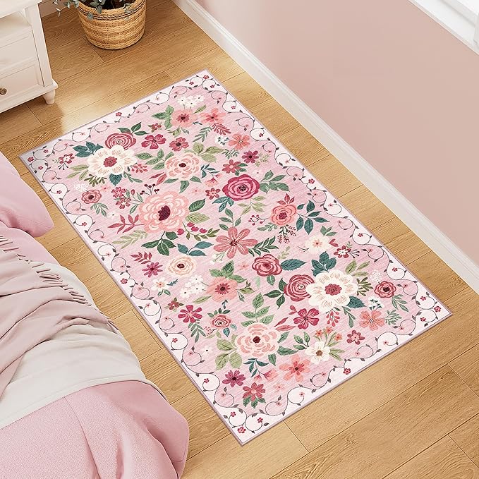 DUKINO 2x4 Rug for Entryway, Washable Kitchen Floral Runner Rug with Non Slip Backing, Low Pile Soft Boho Carpet for Kitchen, Hallway, Entryway, Laundry, Bedroom, Pink