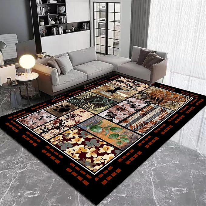 Rustic Cabin Area Rug 5x7ft, Animal & Moroccan Plaid Pattern Vintage Boho Carpet, Stain-Resistant Pet-Friendly & Non-Slip Low Pile for Living Room, Bedroom, Dining Room