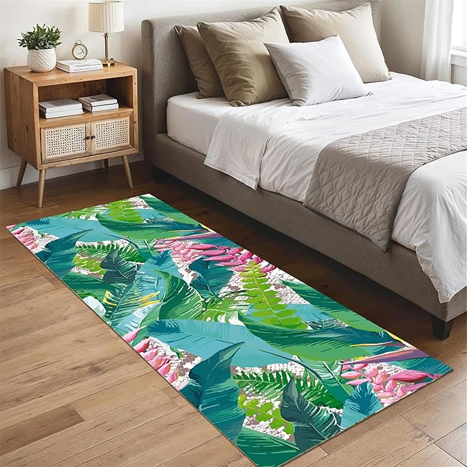 Tropical Rug Runner 1.3x7ft - Non-Slip Durable Floral Leaf Pattern Carpet for Hallway, Stairs, Entryway, Easy Clean Floor Decor