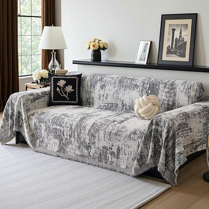 MEETSKY Couch Cover Sectional Sofa Covers Washable Chenille Geometric Abstract Couch Covers for 2 Cushion，Sofa Slipcover Multi-Use Durable Couch Throw Cover for Dogs Pets, 71" x 118", Deep Grey