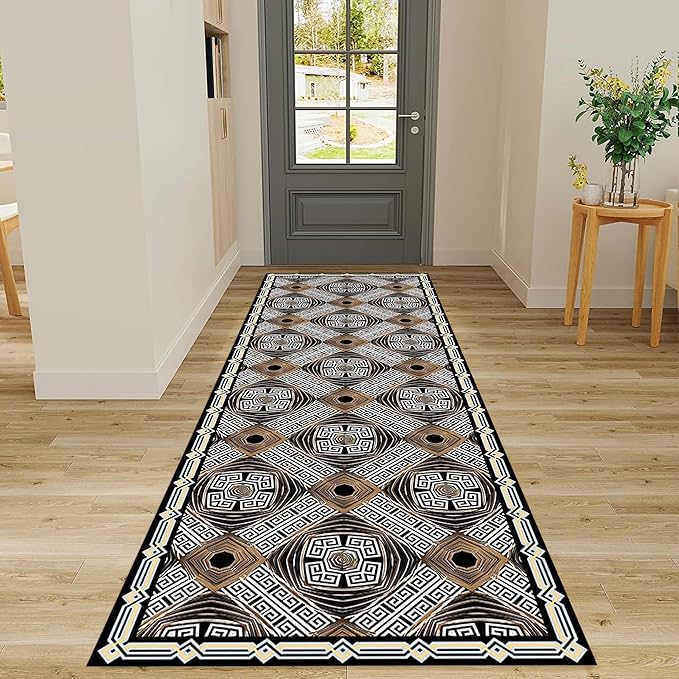 Classic Geometric Runner Rug, 2.6x7ft, Greek Key Print Runners Rugs, Vintage Moroccan Checkered Carpet, Cozy Short Pile No Crease Farmhouse Rugs for Living Room Laundry
