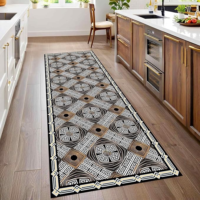 Classic Geometric Runner Rug, 1.3x7ft, Greek Key Print Runners Rugs, Vintage Moroccan Checkered Carpet, Cozy Short Pile No Crease Farmhouse Rugs for Living Room Laundry