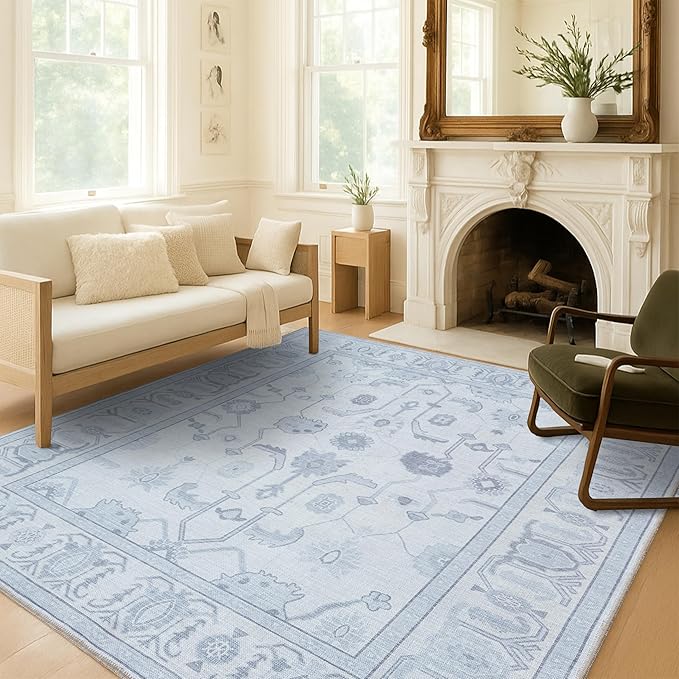 Beige Oushak Rug, Modern, Vintage, Turkish, Eclectic, Floral, Pastel, Washable, Area Rugs for Living Room, Dining, Bedroom, Nursery, Girls, Boys, 5'9"x8'9"