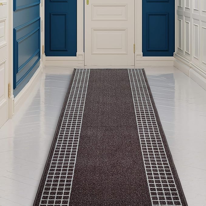Custom Made Runner Rug for Kitchen Foyer Hallway Entry Choose Your Length 31 Inch Wide Geometric Checkered Design Brown Color (24 feet x 31 Inch)
