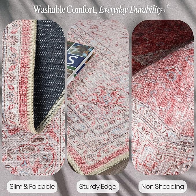Fame Rugs Turkish Rug. Washable Vintage Oriental Antique Inspired Traditional Doormat Small Modern Area Rugs Luxury Entryway Entry Bedroom Bathroom Kitchen (410CP, 2'5 x 9'8)