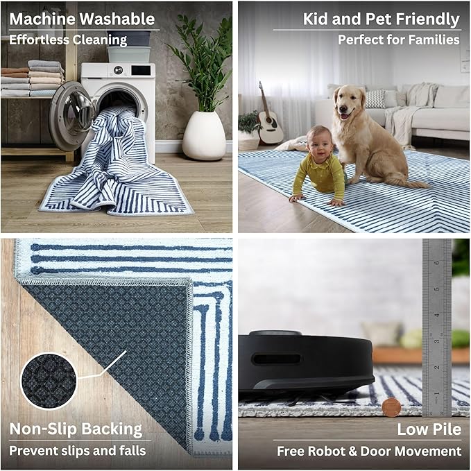 Bloom Rugs Washable Non-Slip 4' x 6' Rug - Blue/Ivory Striped Area Rug for Living Room, Bedroom, Dining Room, and Kitchen - Exact Size: 4' x 6'