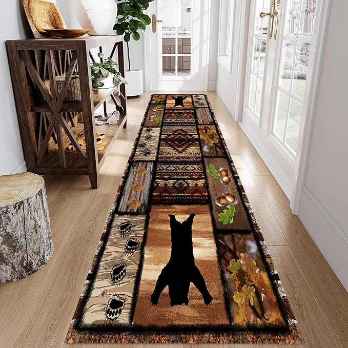 Wild Animal Bear Long Runner Rug, 3.3x7ft, Brown Geometric Stitching Non-Slip Kitchen Mat, Animal Bear and Plant Pine Cone Autumn Leaf Print Entrance Carpet, Southwest Country Style Indoor Decoration