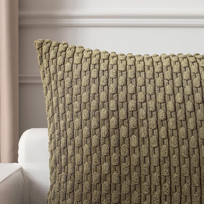 Kevin Textile 14x36 Inch Long Lumbar 1 Pack Boho Decorative Throw Pillow Cover Soft Striped Corduroy Rectangle Cushion Case Farmhouse Solid Color Accent for Living Room Couch Sofa Bed, Olive Green