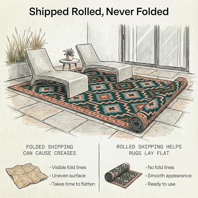 Fab Habitat Outdoor Rug - Waterproof, Fade Resistant, Crease-Free, Reversible - Premium Recycled Plastic - Vintage Boho Kilim - Patio, Porch, Deck, Balcony - Lhasa - Green - 5 x 8 ft