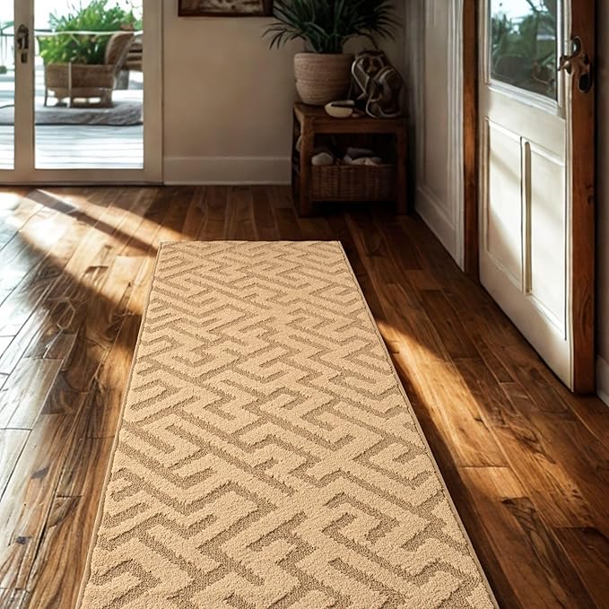 16ft Runner Rug by Custom Length - Gold Tan | Non-Slip Rubber Backed | Washable & Pet Friendly | Edge Bound