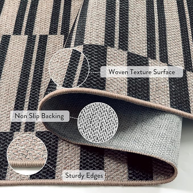 Lahome Striped Easy Jute Rug, 5x7 Outdoor Patio Rug Neutral Dining Room Rug Indoor Outdoor Carpet, Farmhouse Washable Non Slip Black Carpet for Backyard Living Room Office Deck