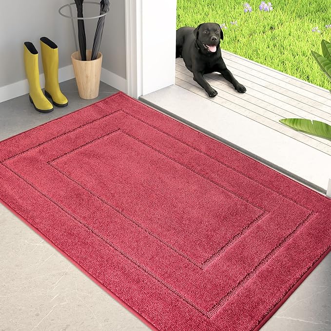 PURRUGS Dirt Trapping Door Mat 32" x 47", Non-Slip/Skid Machine Washable Entryway Rug, Dog Doormat, Super Absorbent Welcome Mat for Muddy Wet Shoes and Paws, Burgundy Red
