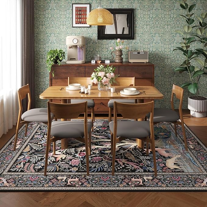 Rugcomf Area Rug 6x9 Vibrant Tree of Life-Patterned Vintage Washable Rug Non Slip Low Pile Large Rug for Living Room Bedroom Farmhouse Dining Room Kids Playroom, Black