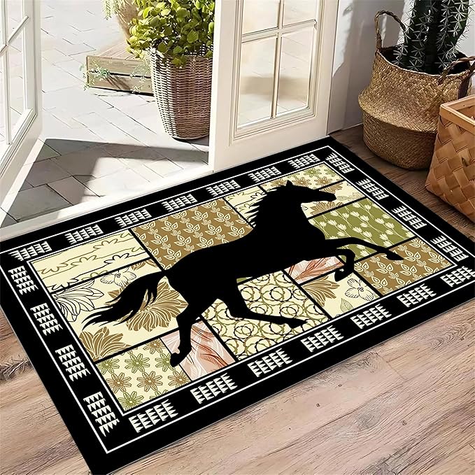 Western Horse Print Rugs 7x9ft,Boho Floral Area Rug, Botanical Print Low Pile Carpet, Stain-Resistant & Machine Washable Non-Slip Mat for Living Room, Bedroom, Dining Room
