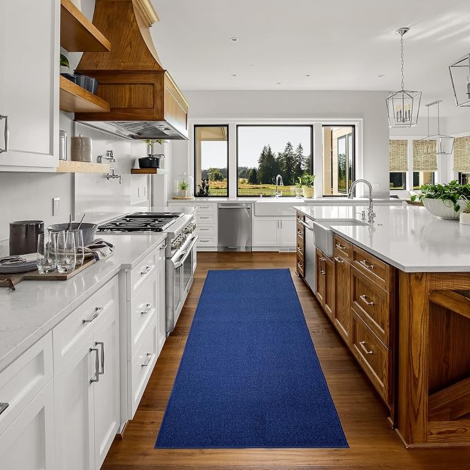 Custom Made Runner Rug Low Pile with Rubber Backing for Kitchen Foyer Hallway Entry Choose Your Length Size 26 Inch Wide Solid and Plain Dark Blue Color (40 feet x 26 inch)