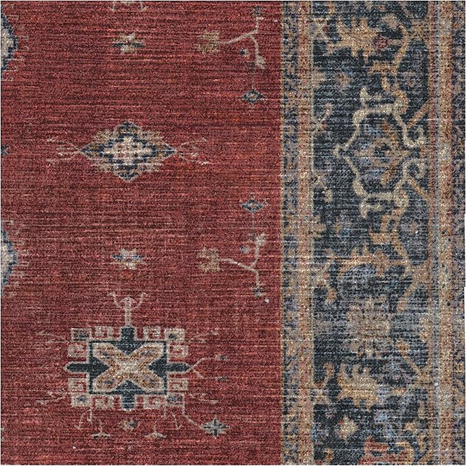RUGGABLE Washable Vintage Runner Rug – Verena Amber Red 2.5x10, Stain-Resistant, Non-Slip Hallway Runner – Machine Washable Rug for Hallway, Entryway, Living Room & Kitchen–with Cushioned Pad
