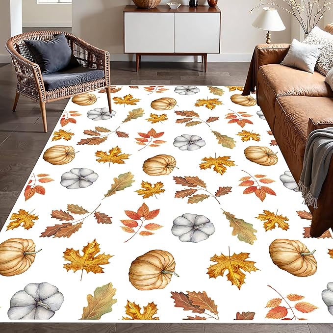 Pumpkin Area Rug, 3x4ft, Fun Vibrant Autumn Harvest Fallen Leaves Pumpkin Plant White Fall Porch Rug, Sturdy Non Slip Easy-Washing Fall Decorations for Home Bedroom
