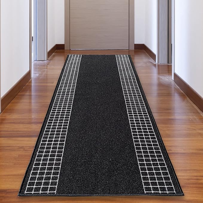 Custom Made Runner Rug for Kitchen Foyer Hallway Entry Choose Your Length 26 Inch Wide Geometric Checkered Design Black Color (35 feet x 26 inch)