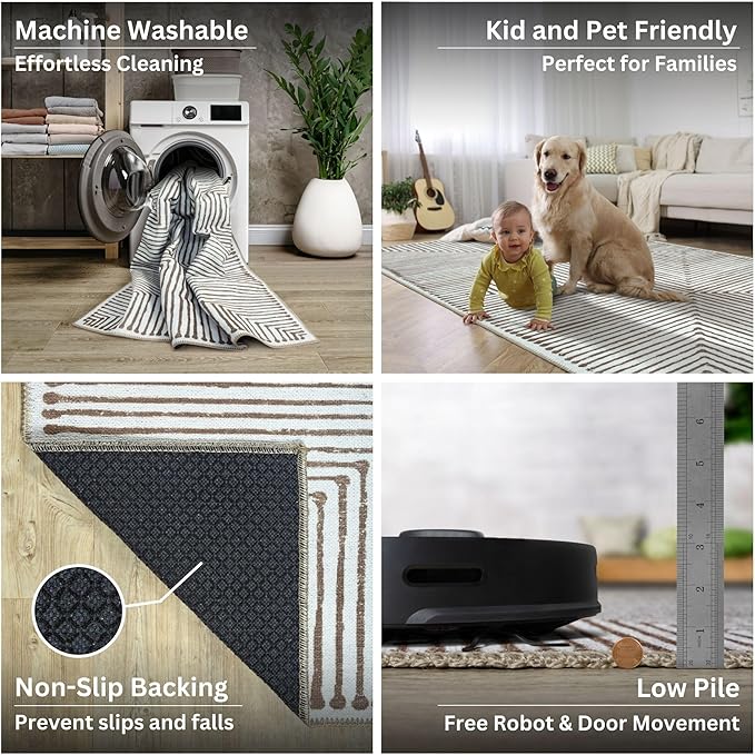 Bloom Rugs Washable Non-Slip 5' x 7' Rug - Brown Striped Area Rug for Living Room, Bedroom, Dining Room, and Kitchen - Exact Size: 5' x 7'