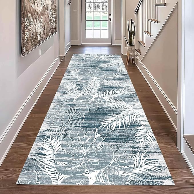 Blue White Tropical Runner Rug 2x7ft - Indoor Outdoor Non-Shedding Washable Carpet, Soft Durable Floor Mat for Patio, Hallway, Kitchen, Living Room