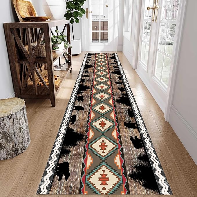 Southwestern Runner Rug, 2x7ft, Rustic Lodge Aztec Country Bear Decorative Runner Rug, Vintage Forest Birch Wild Animal Print Entrance Hallway Rug, Soft Non-Slip Carpet for Living Room Bedroom
