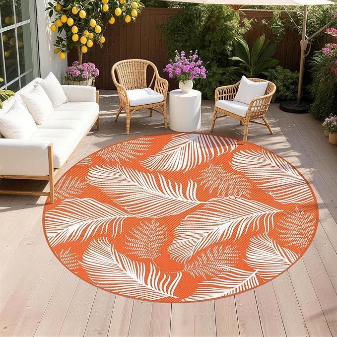 Pauwer Waterproof Outdoor Rug 8ft, Reversible Plastic Straw Patio Camping Rug, Indoor Outdoor RV Mat Carpet for Deck, Camper, Porch, Balcony, Backyard, Picnic, Leaf Orange