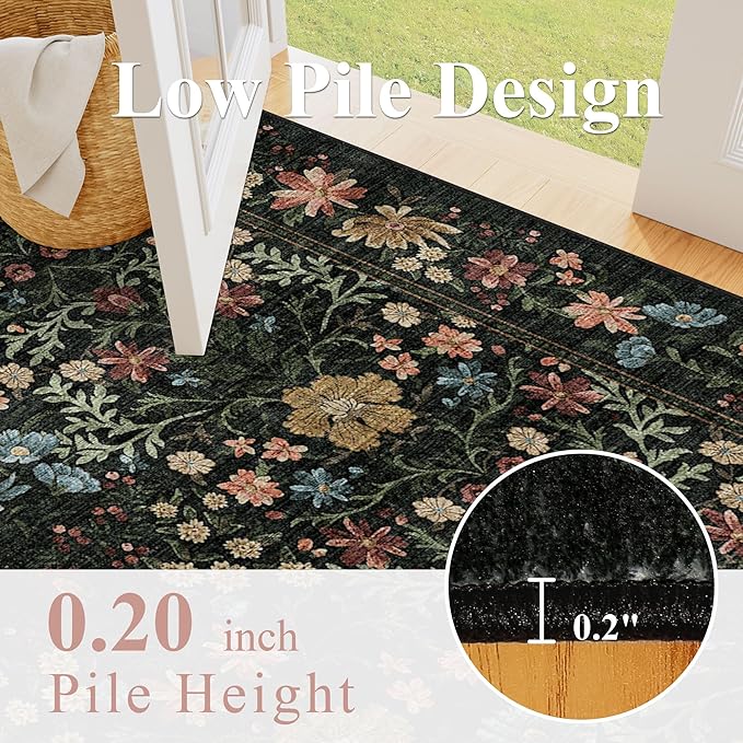 DUKINO 2x4 Rug for Entryway, Lightweight Washable Runner Rug with Non Slip Backing, Vintage Floral Low Pile Small Carpet Runner for Kitchen, Hallway, Entryway, Bathroom, Bedroom, Black