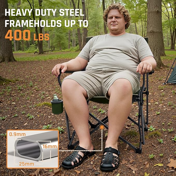 Folding Camping Chairs for Adults Heavy Duty Plus Size Camping Chairs 400 lb Steel Frame Metal Arm Lawn Chairs with Cup Holder, Extra Large Camp Chair for Outdoor Sports, Green 4 Pack (2 Pack x 2)