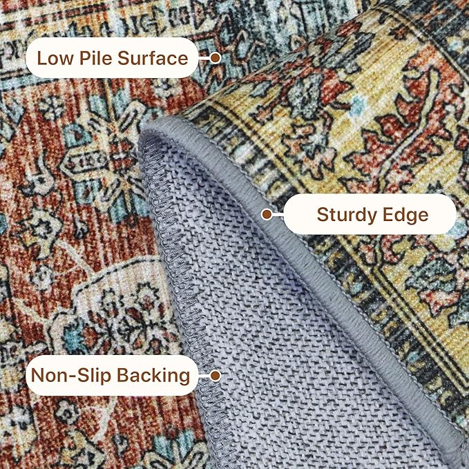 Bavni 6x9 Area Rugs for Living Room, Machine Washable Rug Non Slip, Vintage Chenille Distressed Print Carpet, Large Low Pile Ultra-Thin Lightweight Rugs for Bedroom, Dining Room, Office, Blue/Tan/Red