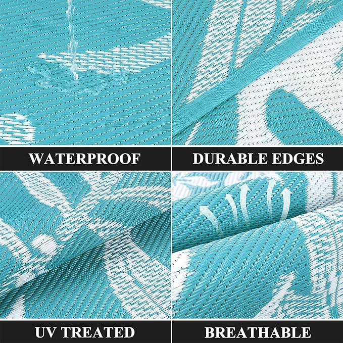 Pauwer Waterproof Outdoor Rug 8x10, Reversible Plastic Straw Patio Camping Rug, Indoor Outdoor RV Mat Carpet for Deck, Camper, Porch, Balcony, Backyard, Picnic, Floral Teal