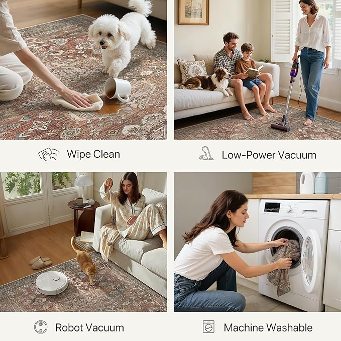 Bavni Washable Runner Rug 2x6, Non Slip Hallway Rug, Vintage Aesthetic Thin Low Pile Washable Carpet for Kitchen Bedroom Entryway, Brick