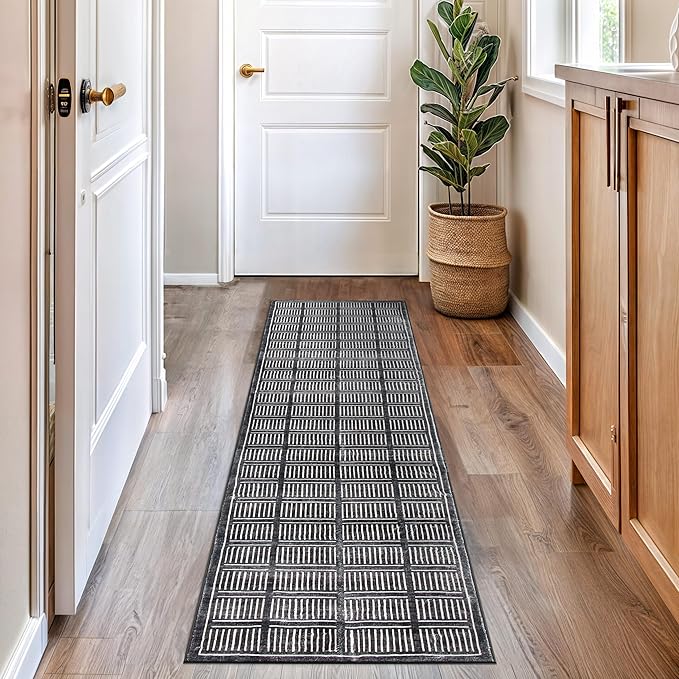 Rugshop Bohemian Stripe Lines Washable Non Slip Runner Rug 2' x 8' Black