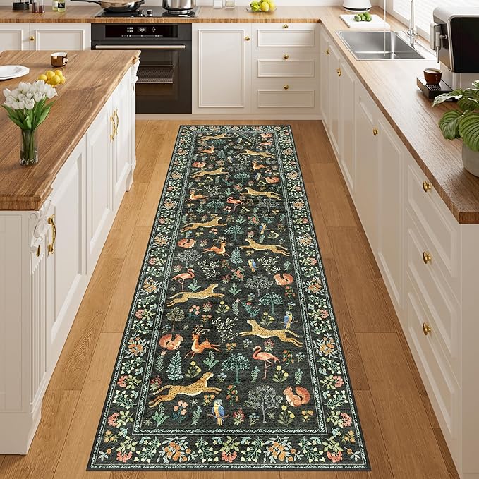 DUKINO 2x6 Rug for Hallway, Washable Kitchen Runner Rug with Non Slip Backing, Soft Low Pile Vintage Animal Runner for Bedroom, Kitchen, Hallway, Entryway, Laundry, Black