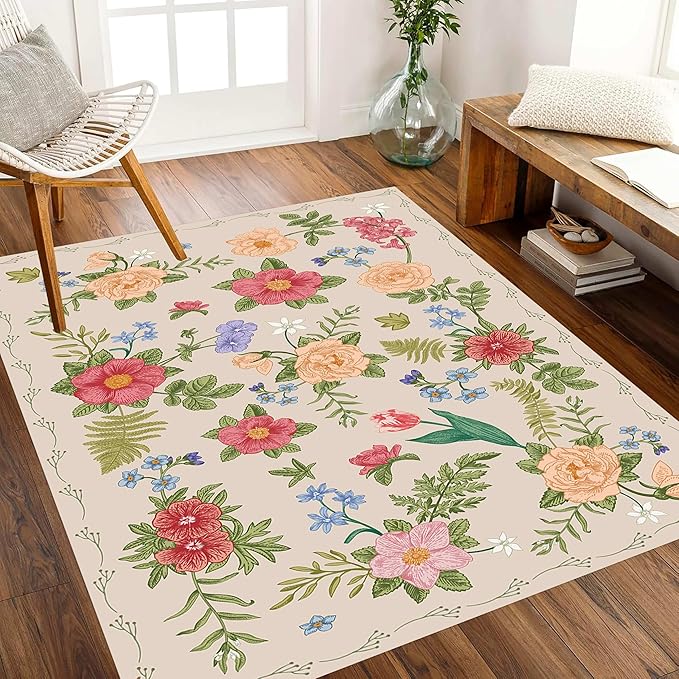 Rustic Flower Area Rug, 5x7ft, Classic Colorful Bohemian Floral Pattern with Beige Large Hall Botanical Rug, Non Slip No Crease Easy Care Girls Room Decor Carpet for Relax Room Bedroom
