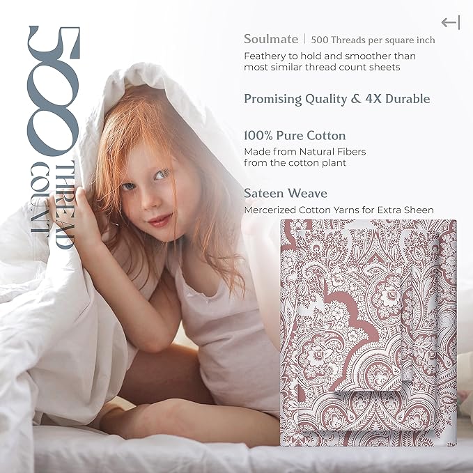 Mayfair Linen 100% Egyptian Cotton Printed Split King Sheets Sets for Adjustable Bed - 500 Thread Count Split Top King Sheet (Paisley Print), Soft, Cooling, Sateen Weave 16" Deep Pocket Hotel Sheet