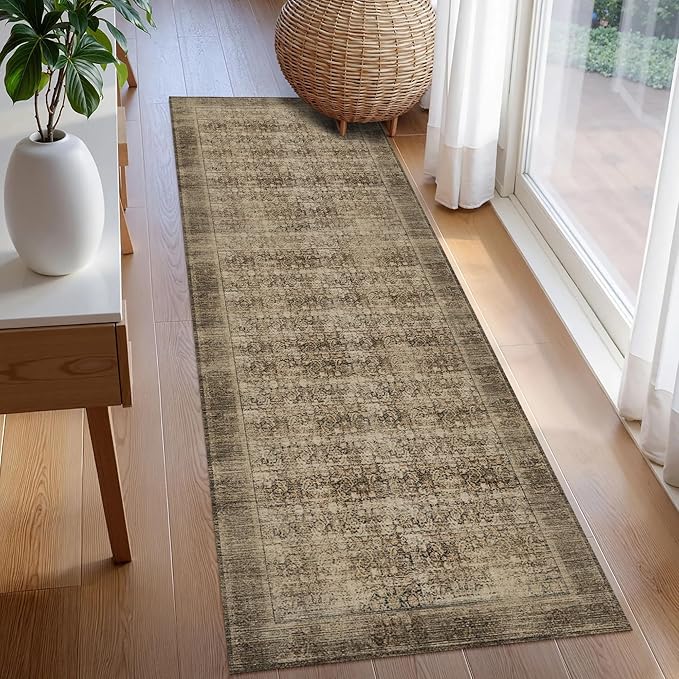 Washable Area Rug 2'6'' x 8' Vintage Traditional Persian Mat - Foldable Distressed Non-Slip Machine Washable Carpet for Living Room Bedroom Kitchen Home Decor - Mocha and Taupe