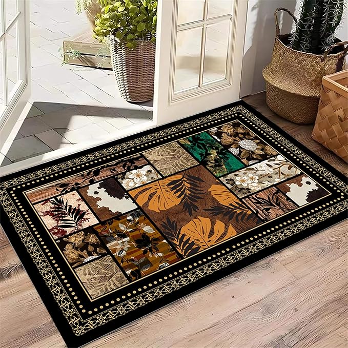 Floral Tropical Patchwork Area Rug 3x5ft, Vintage Black & Brown Country Carpet, Low Pile Non-Slip Mat for Cozy Bedroom, Dining Room, Farmhouse Decor