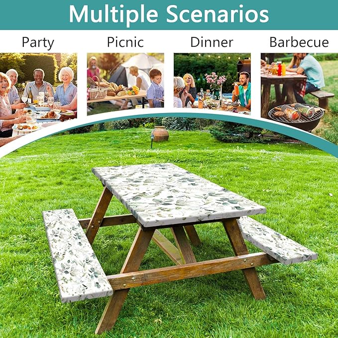 Picnic Table Cover with Bench Covers and Bag, Camping Essentials, Eucalyptus Leaves Outdoor Table Covers, Waterproof Windproof, Fitted Tablecloth Cover with Elastic Edge, 3 PCS, 30x96 Inch