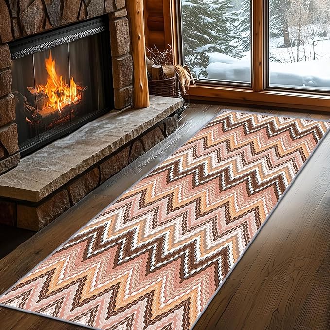 Brown Pink White Wave Runner Rug, 3x8ft Soft Tone Hallway Decor Carpet - Modern Home Corridor & Foyer Long Rug Non-Slip Mat, Washable Flannel Material, Bedroom Stylish Accent Rugs