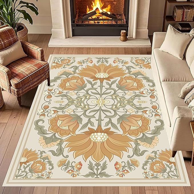 Abstract Sunflower Area Rugs, 5x8ft, Traditional Rustic Vintage Tropical Floral Theme Beige Farmhouse Boho Carpet, Shaggy Low Pile Fade Resistant Home Goods Rug for Living Room Kitchen