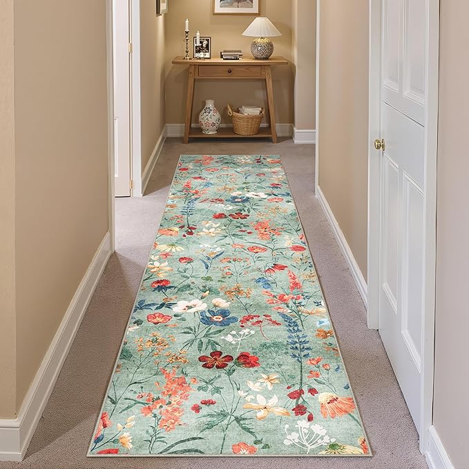 Floral Runner Rug 2x8 Washable Hallway Long Green Bedroom Carpet Non Slip Indoor Boho Kitchen Low Pile Accent Rug Lightweight Soft for Bathroom Dining Laundry Living Room
