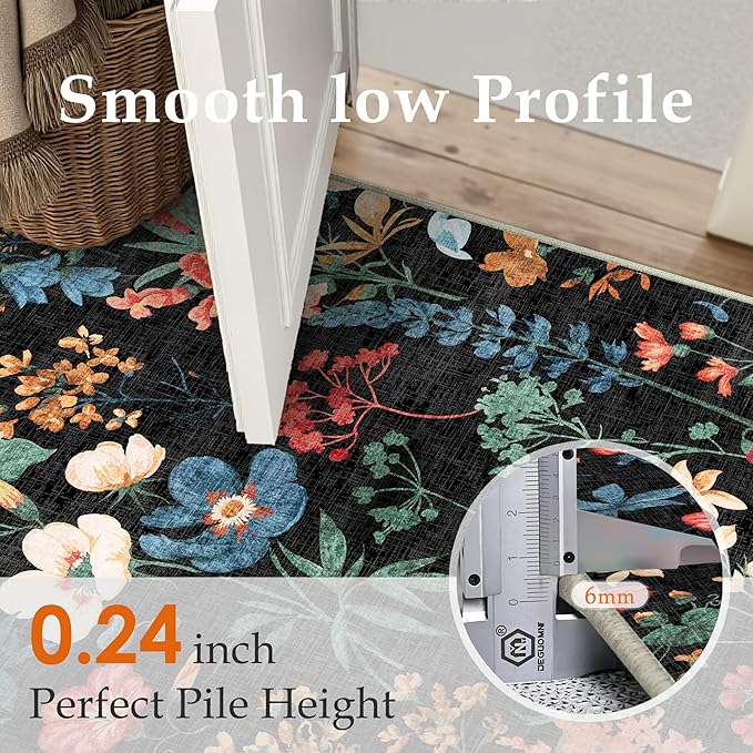 Floral Runner Rug 2x5 Washable Hallway Long Black Bedroom Carpet Non Slip Indoor Boho Kitchen Low Pile Accent Rug Lightweight Soft for Bathroom Dining Laundry Living Room