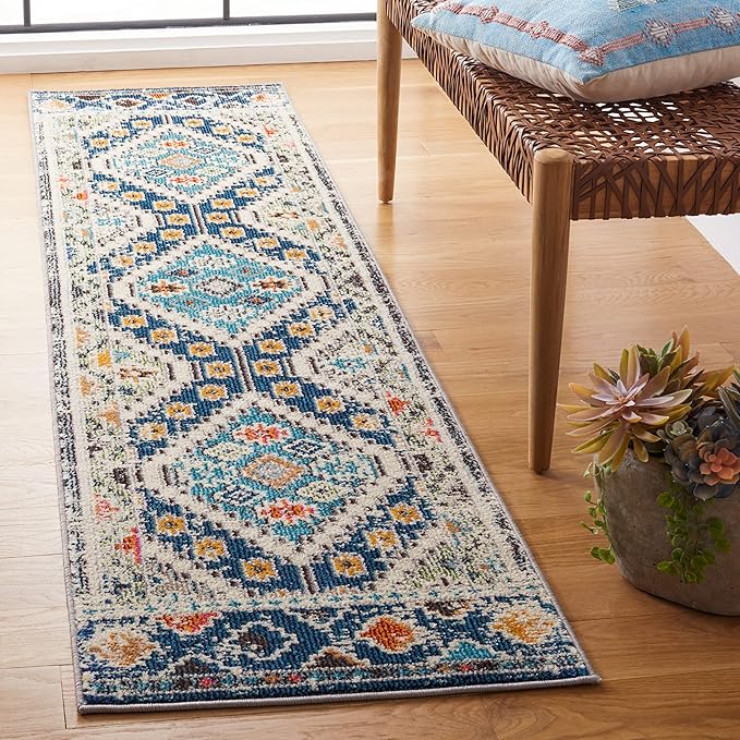 SAFAVIEH Madison Collection Runner Rug - 2'2" x 6', Navy & Beige, Boho Diamond Distressed Design, Non-Shedding & Easy Care, Ideal for High Traffic Areas in Living Room, Bedroom (MAD418M)