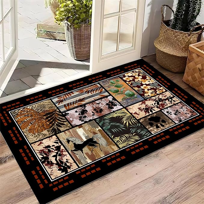 Rustic Cabin Area Rug 5x7ft, Animal & Moroccan Plaid Pattern Vintage Boho Carpet, Stain-Resistant Pet-Friendly & Non-Slip Low Pile for Living Room, Bedroom, Dining Room