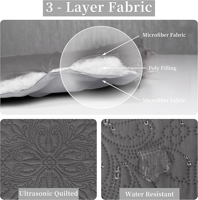 Easy-Going Twin Size Reversible Quilt Set with 1 Quilt and 1 Pillow Sham, Soft Bed Quilt Cover, Water Resistant Lightweight Microfiber Bedspread, Stain Resistant, Damask-Gray/Light Gray
